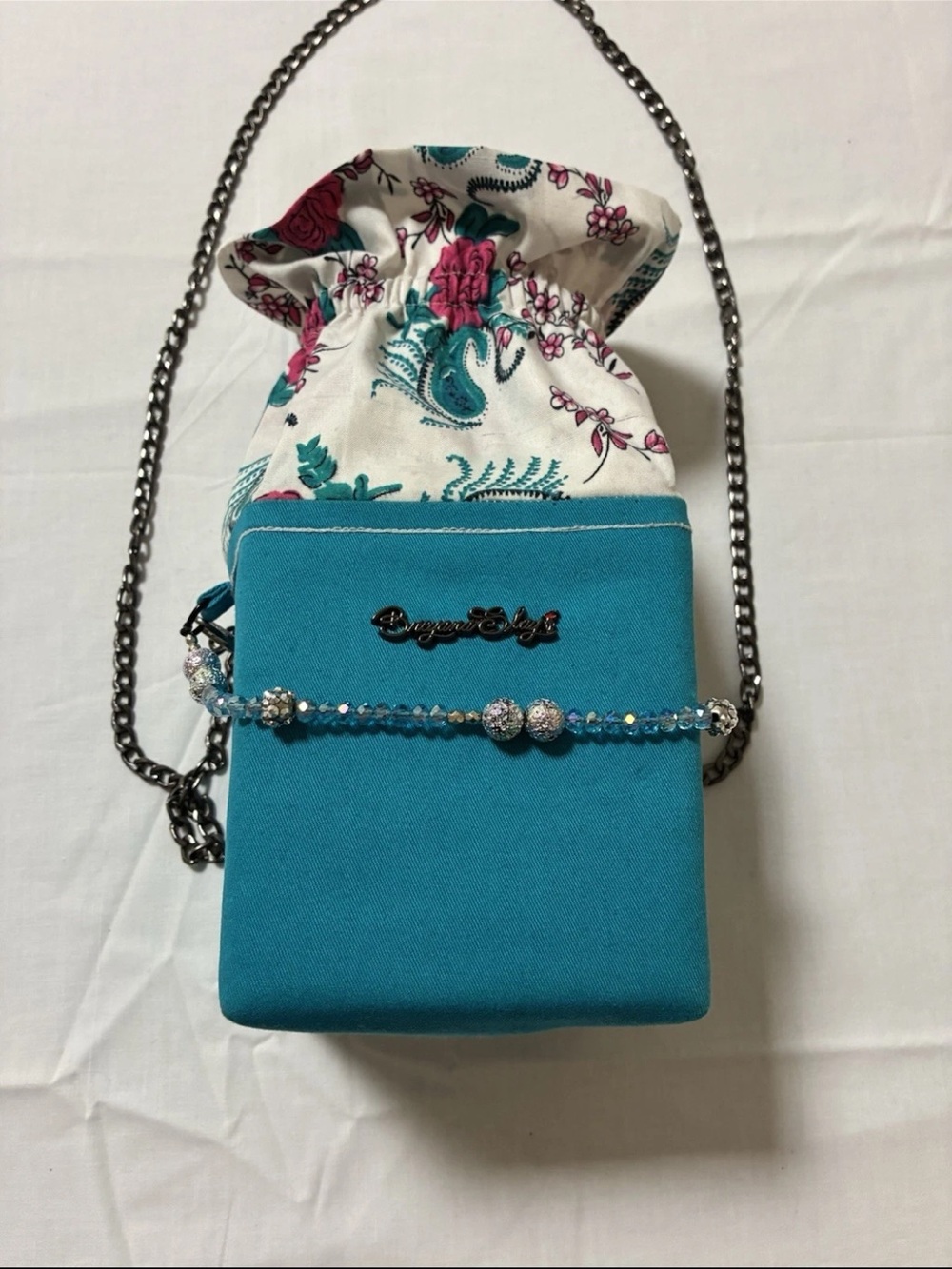 Breyana Slay Custom Handmade Teal Crossbody Bag w/ Tuck-in Cloth & Beaded Handle